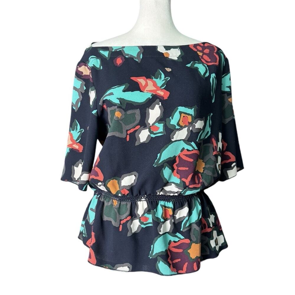 Wilfred Aritzia Womens Peplum Short Sleeve Top Navy Floral Blouse, Size Small
